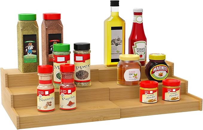 Lenwi Spice Rack Organizer for Cabinet, 3 Tier Expandable Bamboo Spice Storage by Lenwi