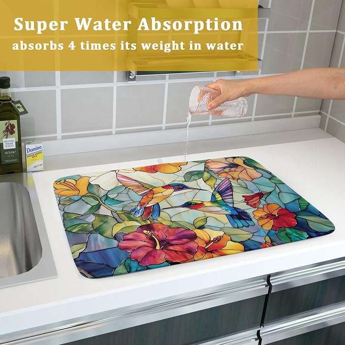 Spring Summer Dish Drying Mat for Kitchen Counter Hummingbird Microfiber - Image 7