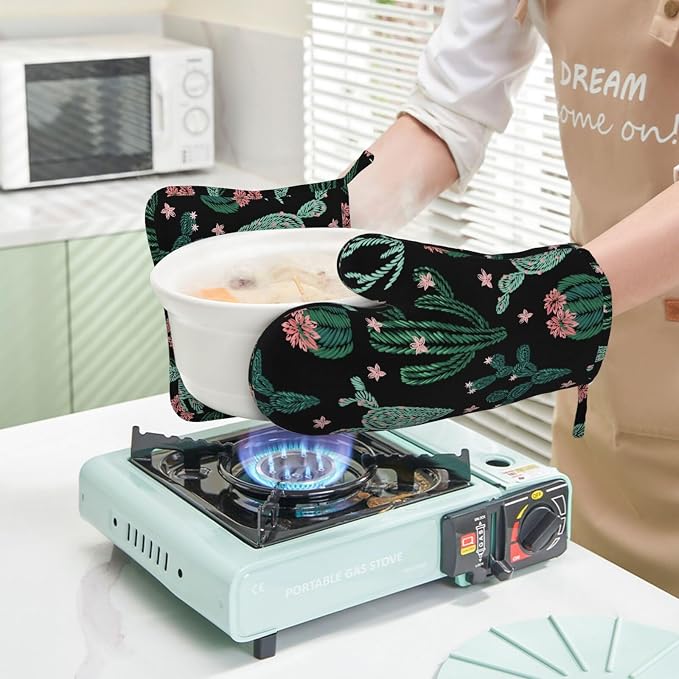 Trendy Cactus Oven Mitts and Pot Holders Sets of 4, Heat Resistant Silicone - Image 5