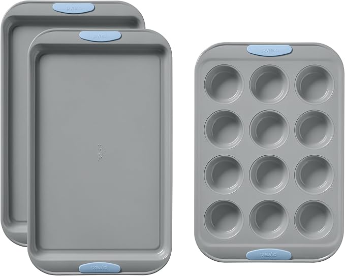 Pyrex 3-Piece Metal Cookie & Muffin Sheet Bakeware Set, Lightweight Stainless by Pyrex