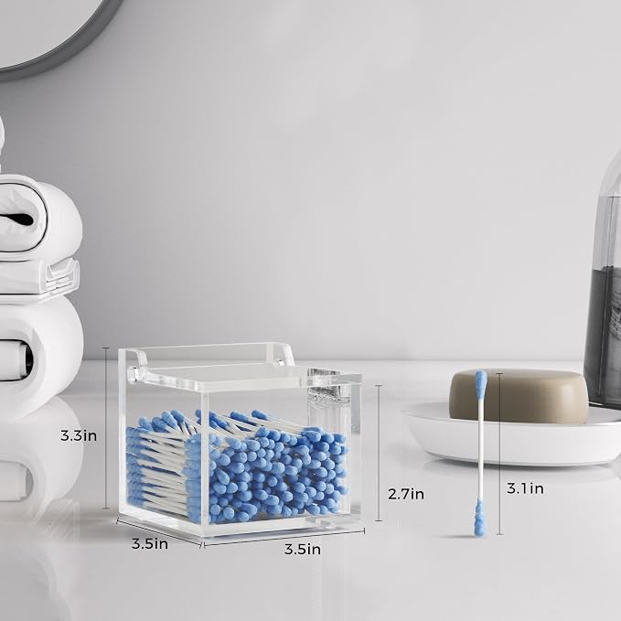 Clear Acrylic Qtip Holder With Lid Cotton Balls Swab Organizer, Square Q Tip - Image 2