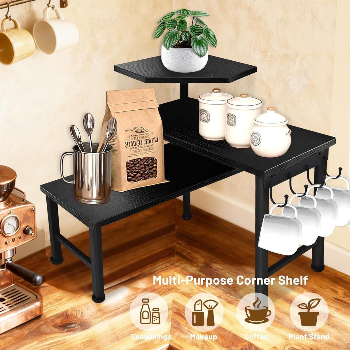 Counter Organizer Shelf, 3 Tier Moveable Black Corner Shelf Organizer