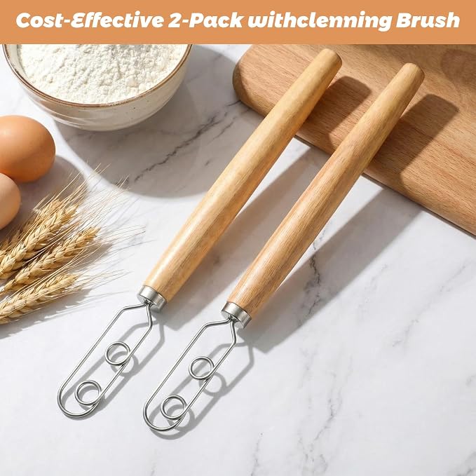 Zhehao 2 Pcs 13 Inch Sourdough Starter Stirring Hook Danish Dough Whisk Wooden - Image 4