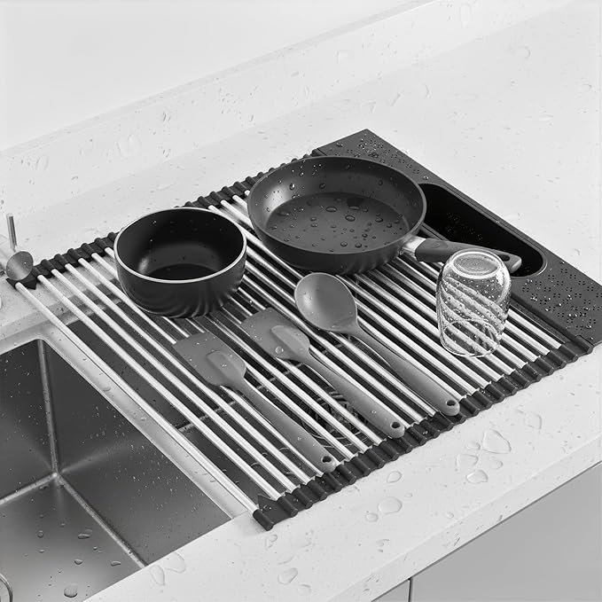 Roll Up Dish Drying Rack Over Sink, 17.5" x 15.2" Foldable SUS304 Stainless - Image 6