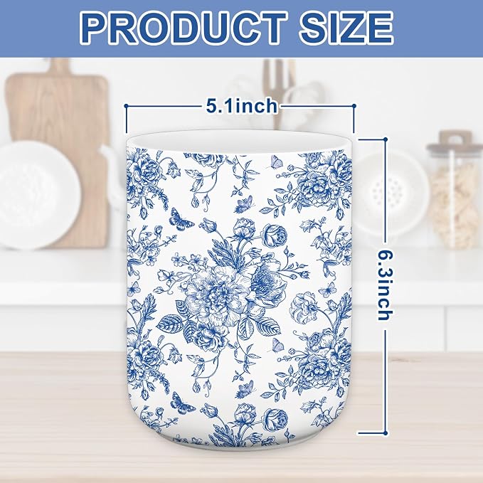 JarThenaAMCS Chinoiserie Floral Ceramic Utensil Holder Blue Flower Butterfly - Image 2