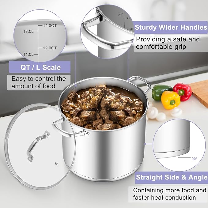 TeamFar Stainless Steel Stock Pot, 14QT Tri-ply Bottom Stockpot Large Cooking - Image 3