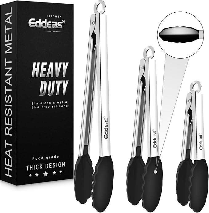 Kitchen Tongs with Silicone Tips, Heat Resistant 600 Degrees All Metal handle by Eddeas