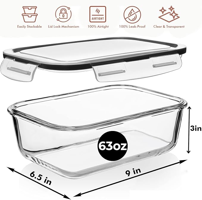 Razab 4 PC 1860ml / 63 Oz / 8 Cups Large Glass Food Storage Containers - Image 3