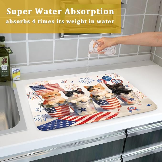 Vintage Patriotic Dish Drying Mat Cute Cats American Flag Drying Matt Kitchen - Image 7