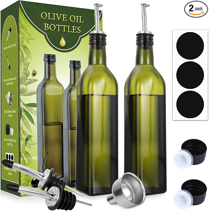 AOZITA [2 PACK 17 oz Glass Olive Oil Dispenser Bottle Set - 500ml Dark Green by AOZITA
