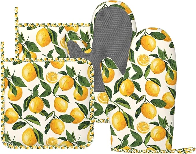 Oven Mitts and Pot Holders Set, Lemon Fruit Watercolor Silicone Kitchen by DADABULIU