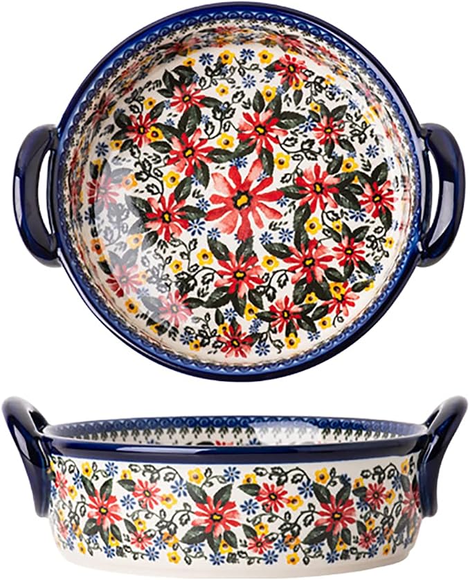Red Daisy Flower Vintage Style Ceramic Bakeware Casserole Dish Baking Pan by Bicuzat