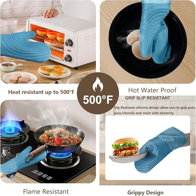 Silicone Oven Mitts-13.6 in Extended Oven Mitts Heat Resistant 500F, Oven Gloves - Image 4