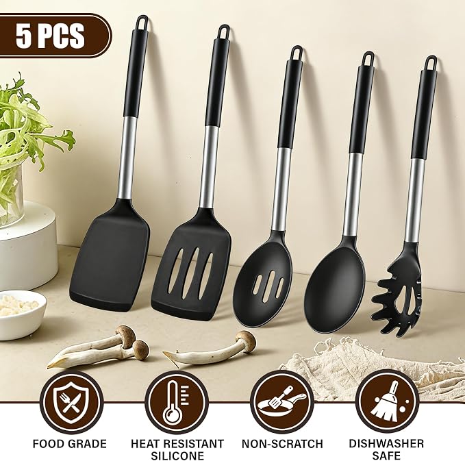 5Pcs Silicone Cooking Utensils Set, Heat Resistant Kitchen Tools Include - Image 4