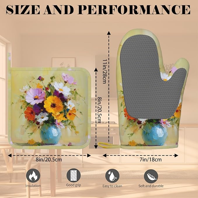 Vintage Flower Heat-Resistant Oven Mitts and Pot Holder Kitchen Non-Slip - Image 3