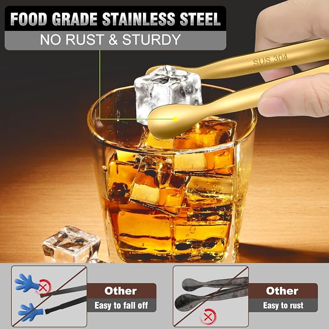 Walfos Small Gold Tongs For Serving, Food Grade Stainless Steel 4" Mini Tongs - Image 3