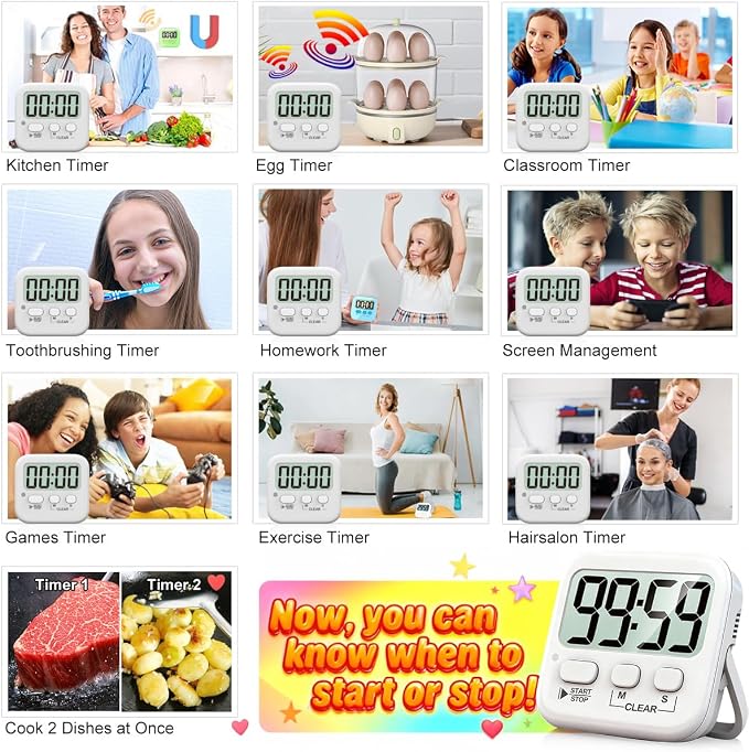 Antonki 2 Pack Digital Timer for Kids, Magnetic Countdown Kitchen Timers for - Image 7