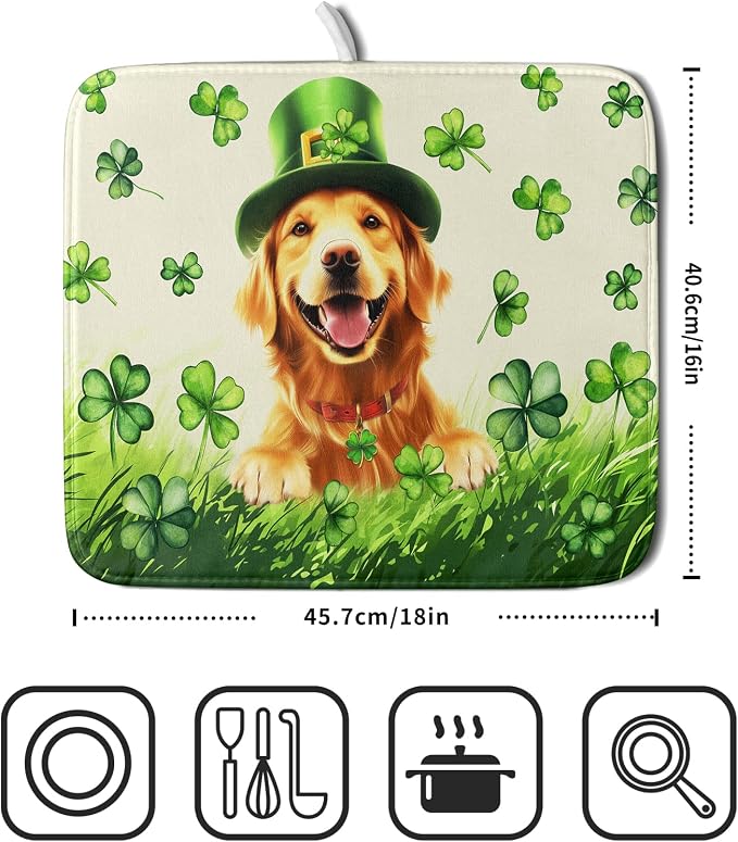 St Patrick's Day Dog Dish Drying Mat 16x18 inch Green Shamrock Dishes Pad - Image 2