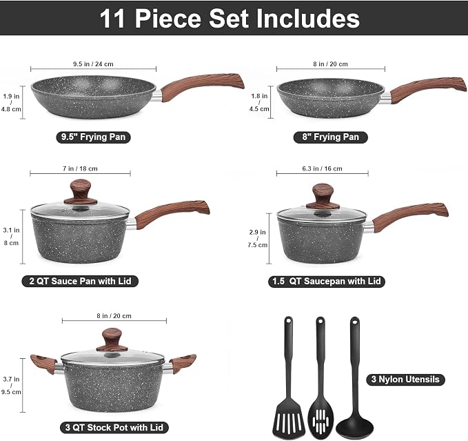 M MELENTA Granite Pots and Pans Set Non Stick, 11 Piece Die-Cast Induction - Image 2