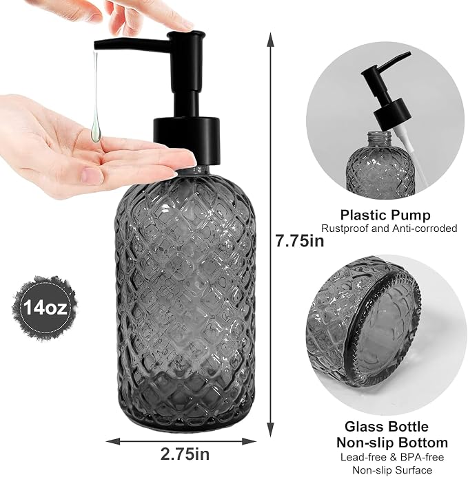 Grey Glass Soap Dispenser with Black Plastic Pump, 13.5oz Refillable Liquid - Image 2