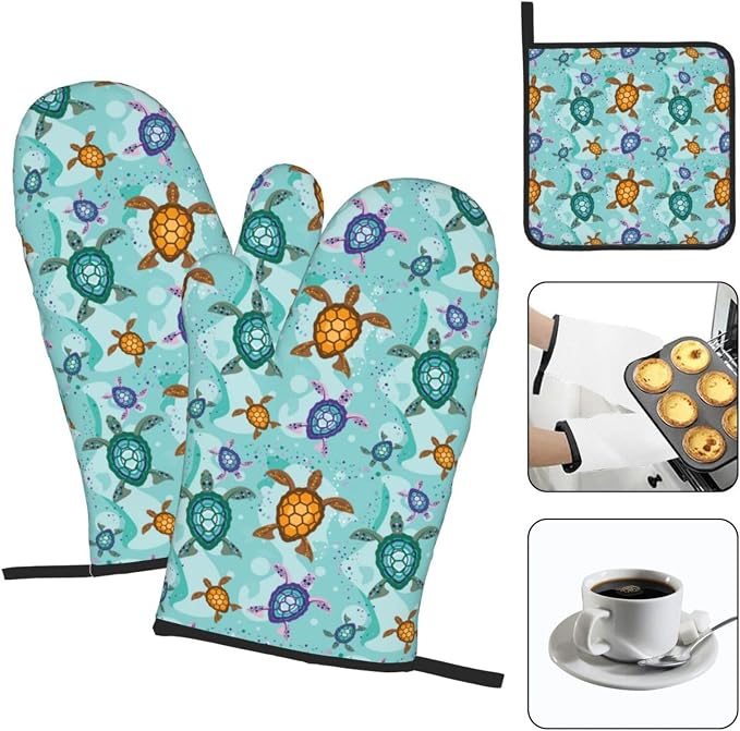Cute Sea Turtle Beach Oven Mitts and Pot Holders Set Ocean Themed Decorative - Image 3
