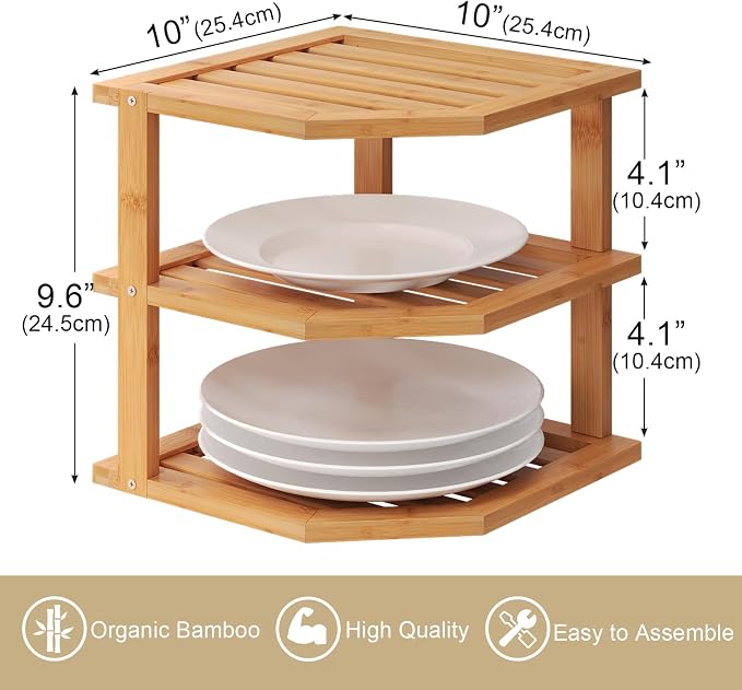 VERTORGAN 3 Tier Bamboo Corner Shelf, Dish Drying Rack, Plate Organizer - Image 3