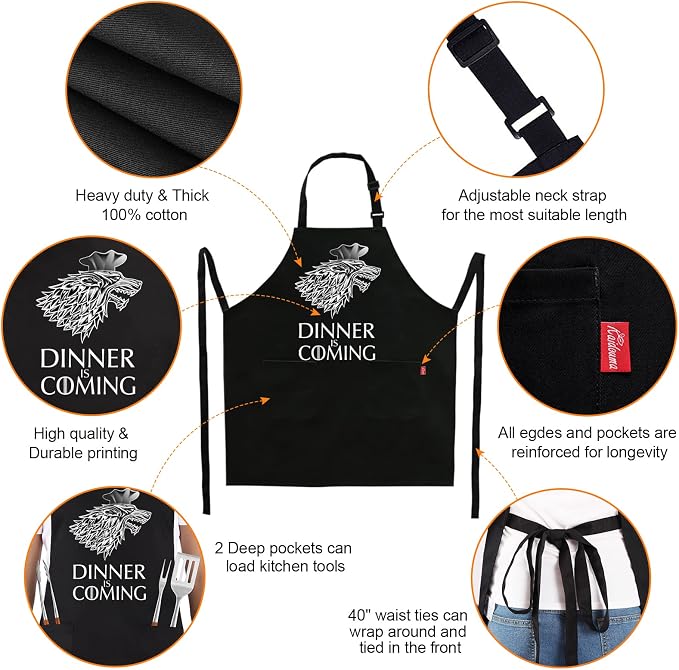 Grill Aprons for Men Women, Dinner is Coming Kitchen Chef Apron - Image 3