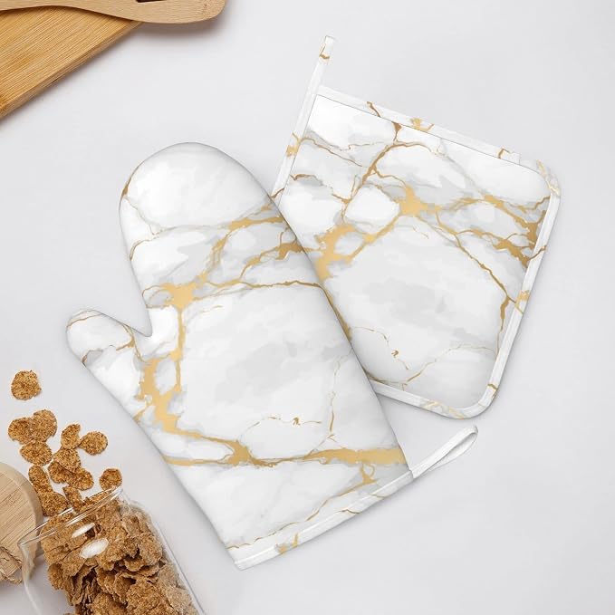 Oven Mitts and Pot Holders Marble White Gold Silicone Kitchen Accessories Set - Image 6