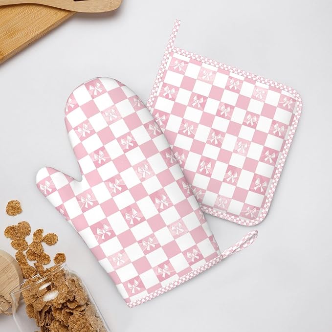 Oven Mitts and Pot Holders Pink Check Bow Pattern Silicone Kitchen Accessories - Image 6