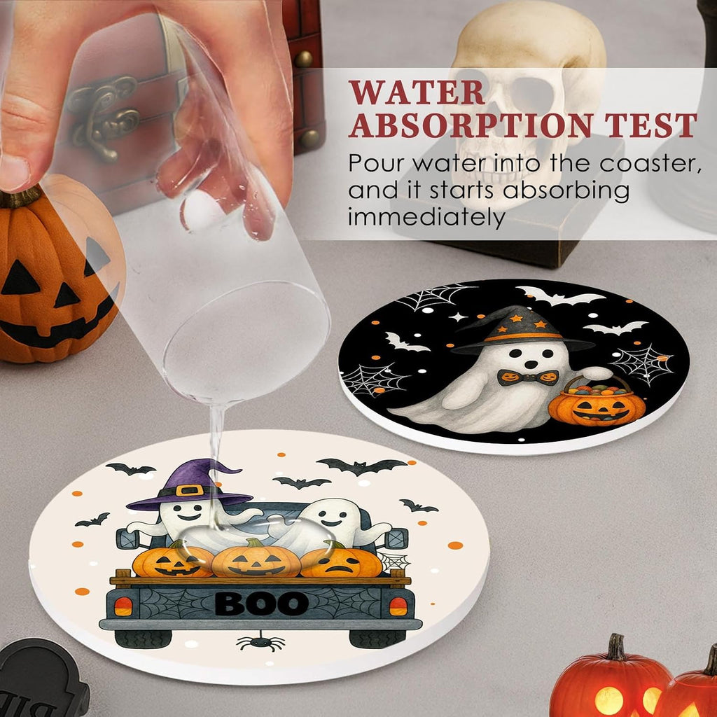 Halloween Coasters for Drinks, Set of 6, Pumpkin Ceramic Stone