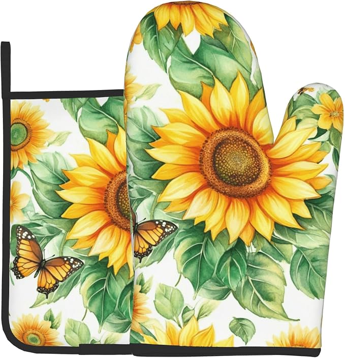 Sunflower Oven Mitts and Pot Holders Sets Watercolor Yellow Floral Plant by DZGlobal