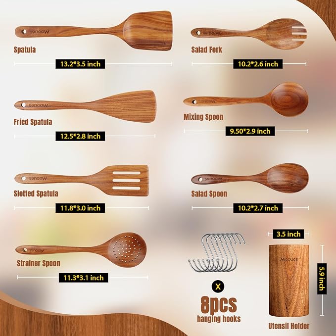 Wooden Spoons for Cooking, Comfort Grip Cooking Spoons and Utensils Holder - Image 2