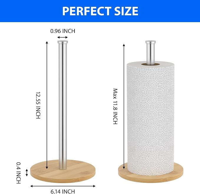 Wooden Paper Towel Holder Countertop, Non-Slip Base, Stainless Steel, - Image 2