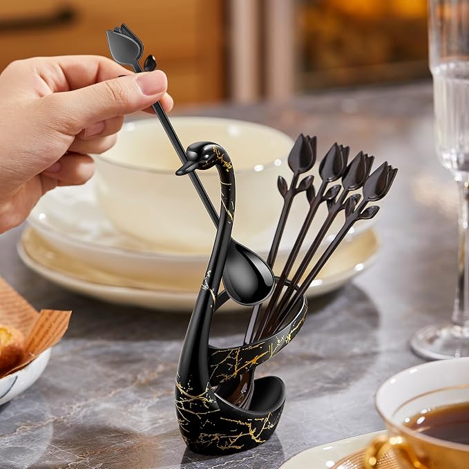 Black Small Coffee Spoon Holder Set, Swan Base - Image 5