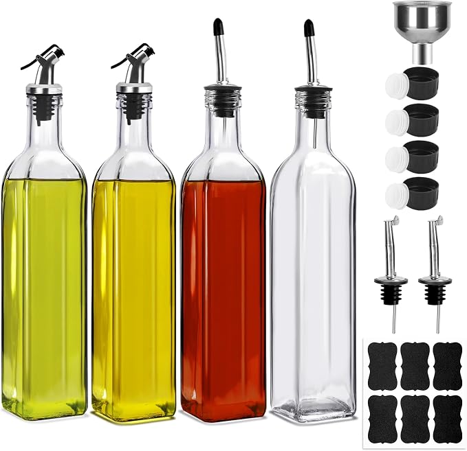 BAKHUK 4 Pack 17oz Olive Oil Dispenser Bottles, 500ml Clear Glass Vinegar Cruet by BAKHUK