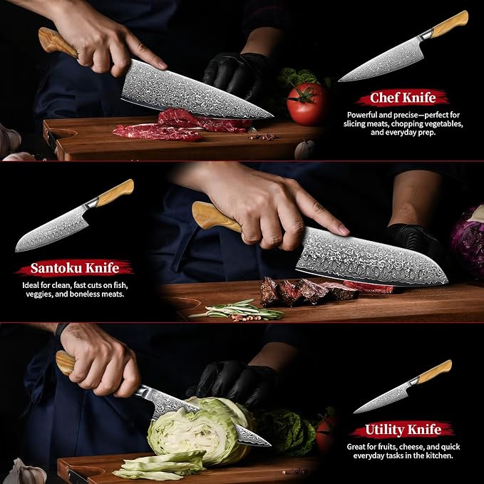 TIVOLI Damascus Kitchen Knife Set, VG-10 Damascus Santoku Paring Knife - Image 5