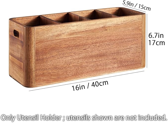 16" Wooden Kitchen Utensil Holder, Extra Large Acacia Wood Organizer - Image 2