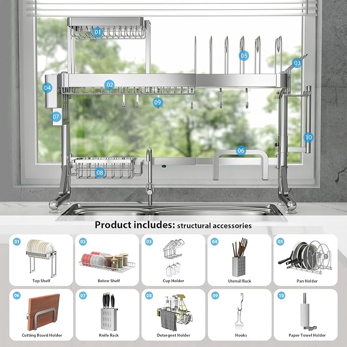 Over Sink Dish Drying Rack, Upgrade 2.5-Tier 304 Stainless Steel Dish Rack - Image 5