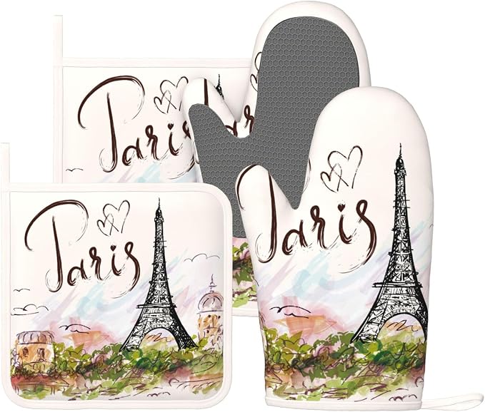 Pretty Romantic Paris Eiffel Tower Oven Mitts and Pot Holders Sets of 4 by Echoserein