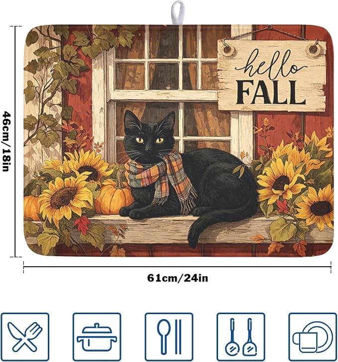 Fall Dish Drying Mat for Kitchen Counter Vintage Autumn Cat Sunflower Pumpkin - Image 2
