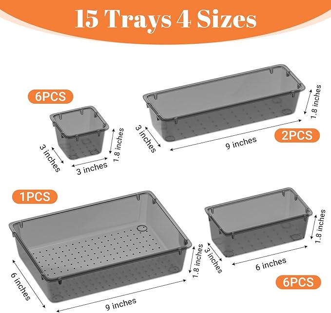 SpaceHacks 15 PCS Clear Plastic Drawer Organizer Set, 4-Size Acrylic Drawer - Image 3