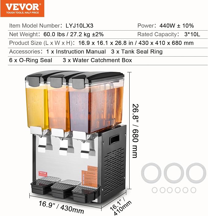 VEVOR Commercial Beverage Dispenser, 3 Tanks 10 L / 10.6 QT Per Tank Juice - Image 7