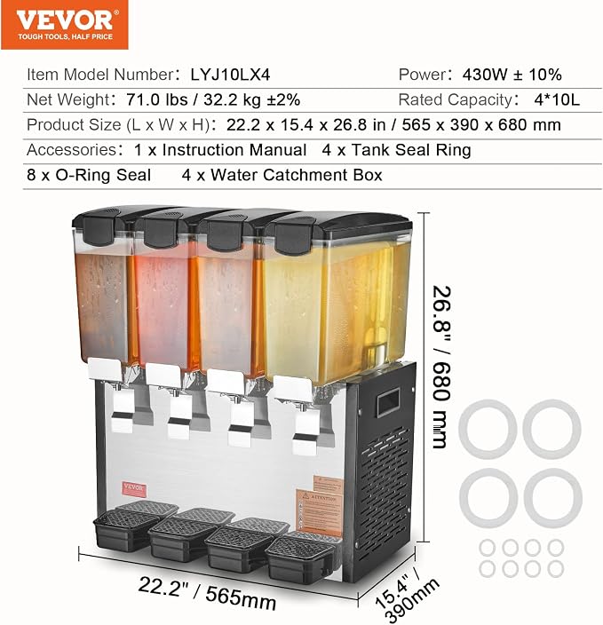 VEVOR Commercial Beverage Dispenser, 4 Tanks 10 L / 10.6 QT Per Tank Juice - Image 7