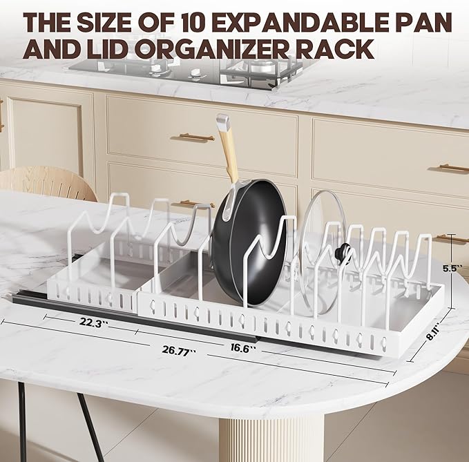 Pull Out Pots and Pans Organizer Under Cabinet, Expandable Sliding Lid Holder - Image 3