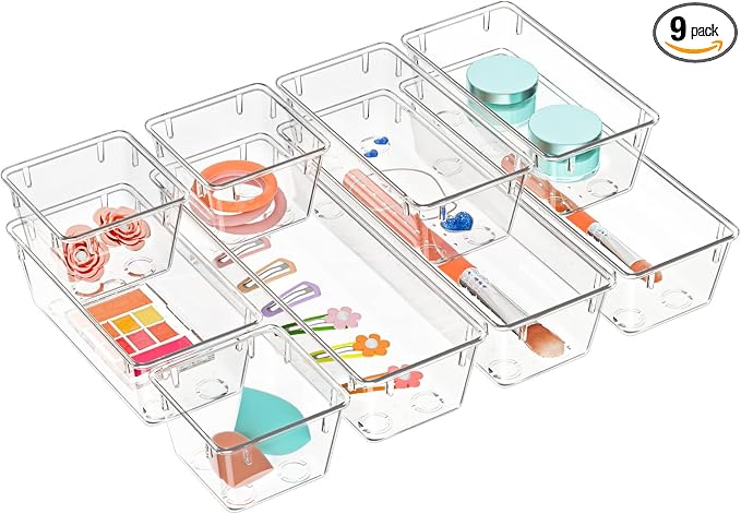 WOWBOX 9 Pack Clear Drawer Organizer Set, Acrylic Drawer Storage Trays by WOWBOX