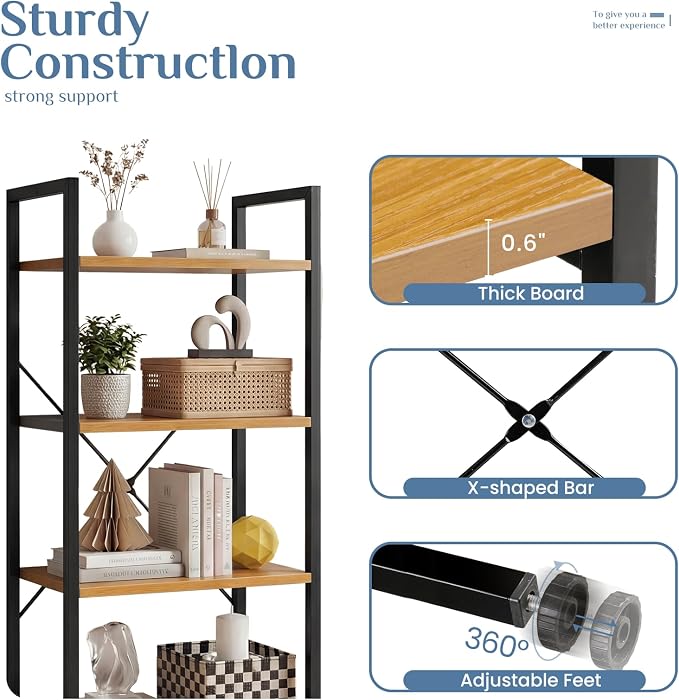 DUMOS 4 Tiers Bookshelf, Classical Book Shelf, Tall Display Shelves in Living - Image 5