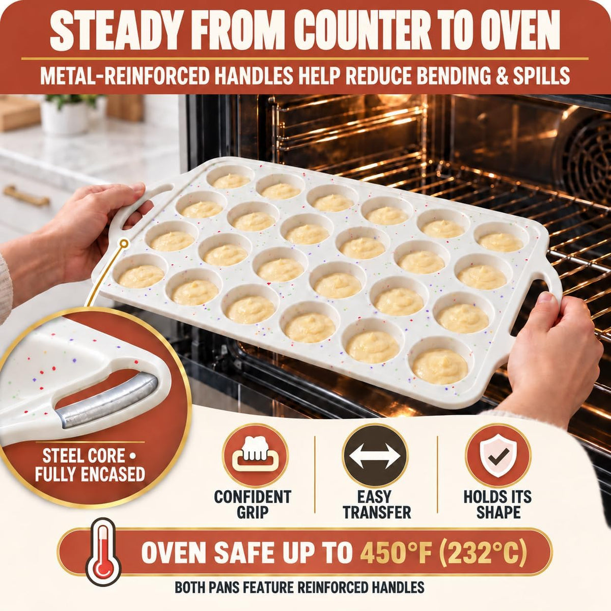 Silicone Mini Muffin Pan, 24 Cup 2 Pack with Metal Reinforced Frame