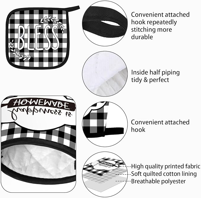 5 Pieces Buffalo Plaid Kitchen Towels Oven Mitts and Pot Holder Set Black and - Image 3