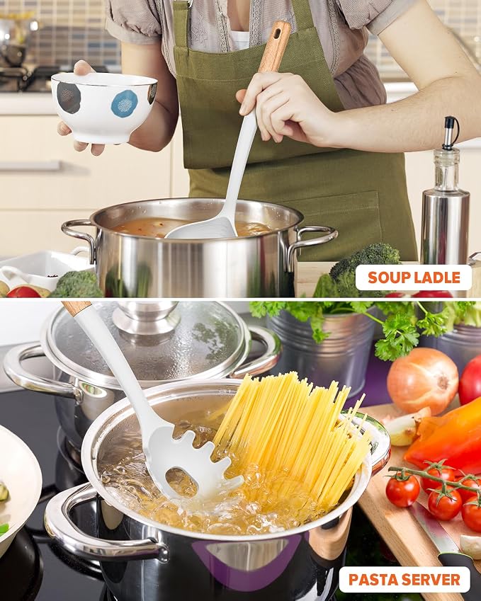 Pasta Fork and Ladle Set, and Sauce Pasta, BPA-Free Matte Silicone, Wood Handle - Image 3