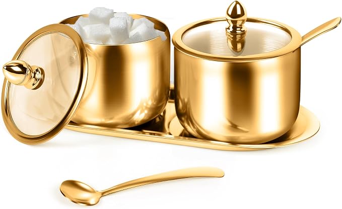 holoith 2 Pcs Coffee and Sugar Dispenser - 10 oz Sugar Bowl with Glass Lid and by Holoith